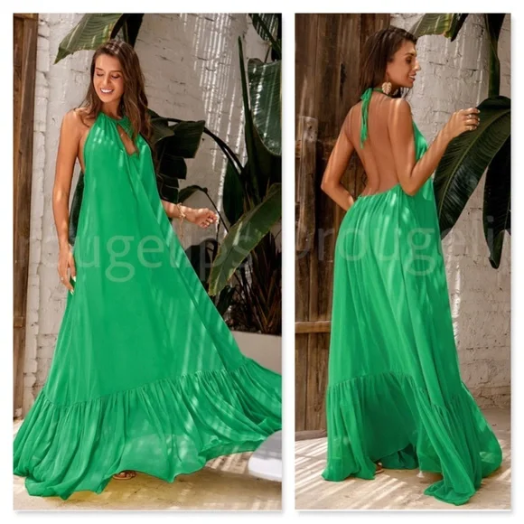 Green Flowy Halter Cutout Maxi Flared Dress Backless Open Back - Picture 1 of 8